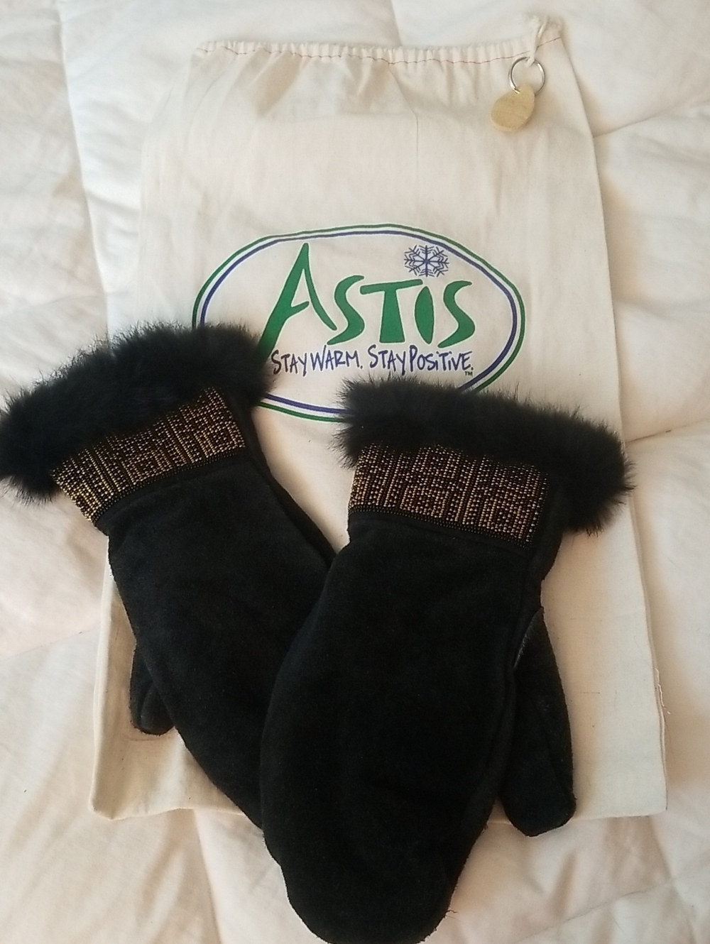 Astis Black Suede Fur-Trim Mittens with Beaded Cuff